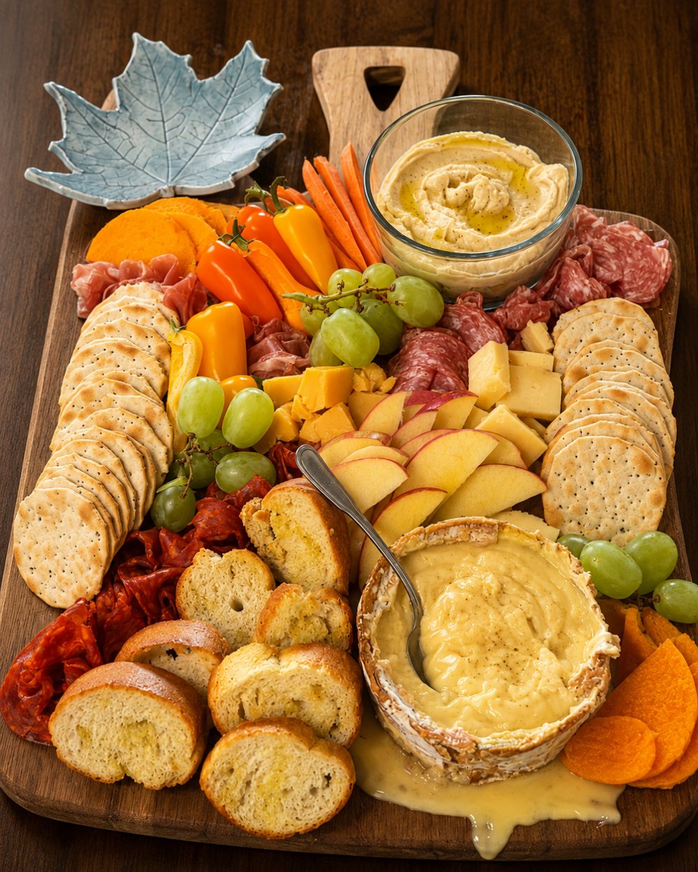 An autumn charcuterie board with warm dips, cured meats, crostini and seasonal fruit