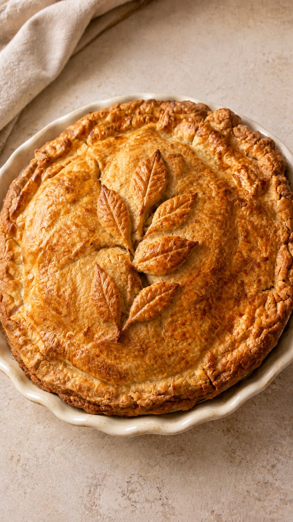 A golden autumn pot pie with pastry leaves baked onto the crust