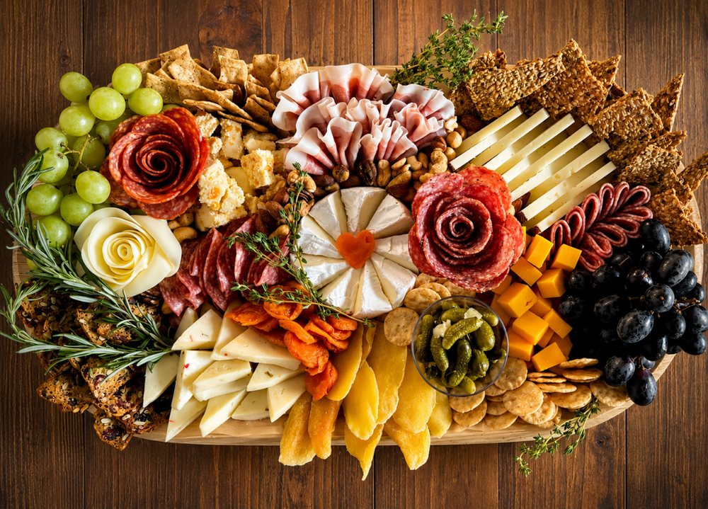 A large charcuterie board with salami roses, cheeses, grapes and edible flowers