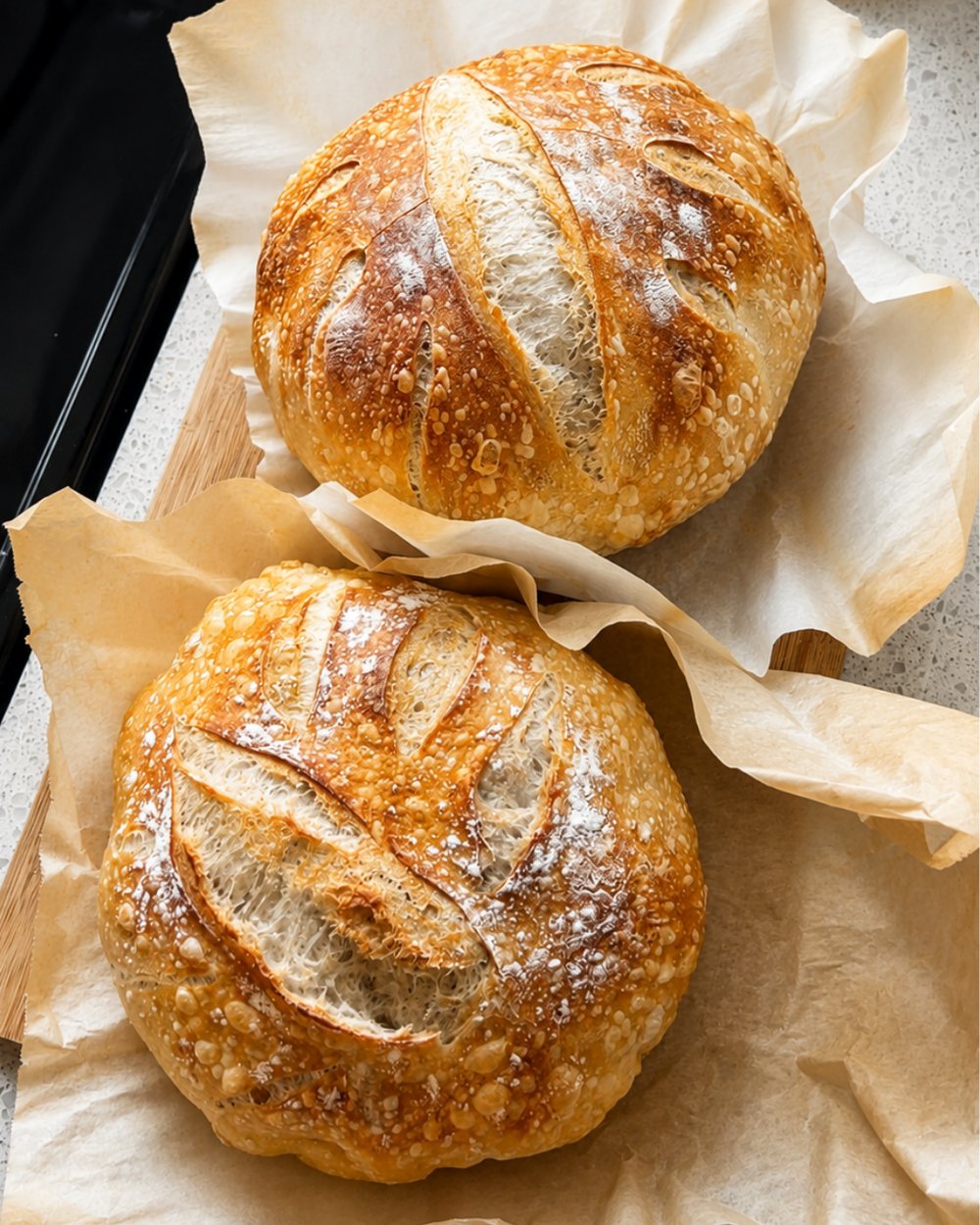 Two scored sourdough boules resting on parchment