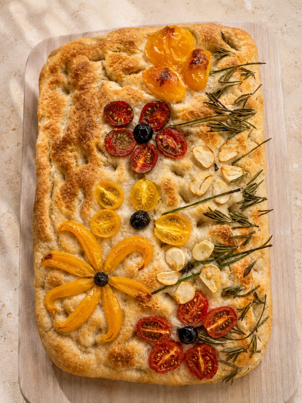 Focaccia decorated with tomatoes and herbs arranged as flowers