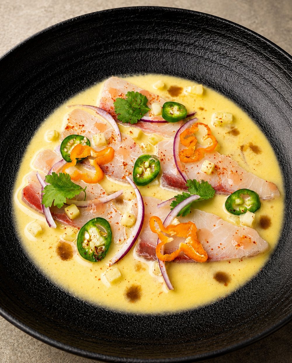 Hamachi crudo with jalapeño, red onion and cilantro in a citrus sauce on a black plate