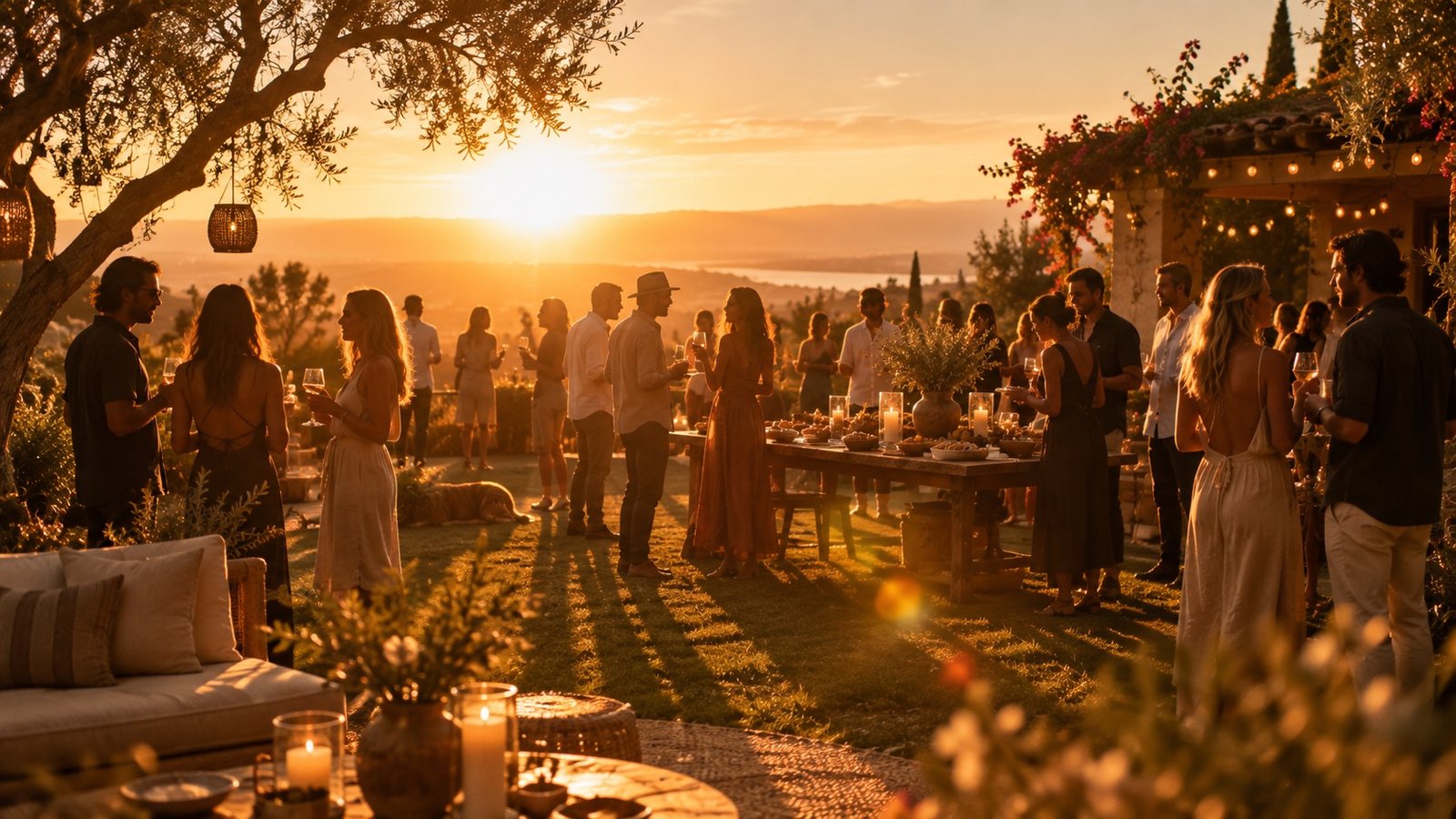 Guests gathered outdoors at golden hour around a candlelit table set with grazing boards and cocktails