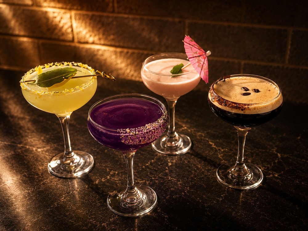 Four martinis in different colours lined up on dark stone