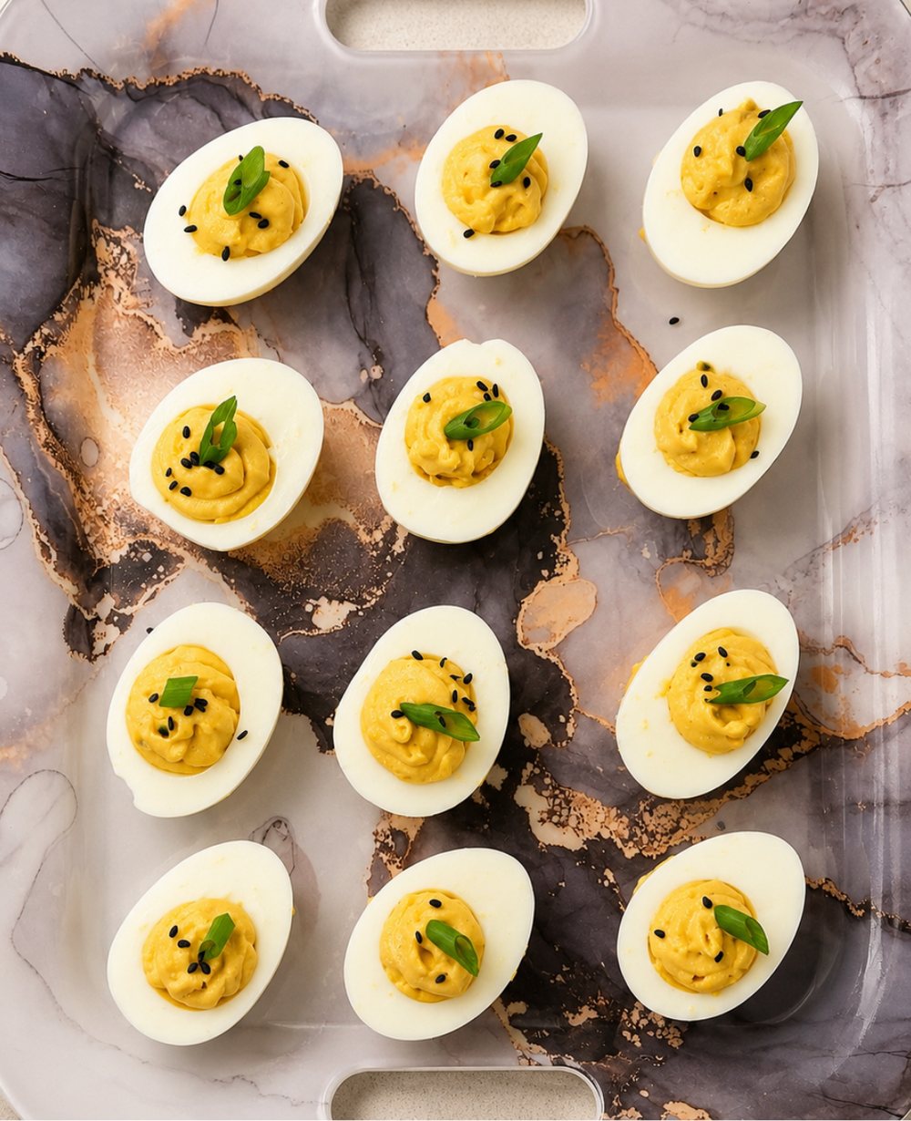 Miso devilled eggs on a marble tray finished with black sesame and herbs