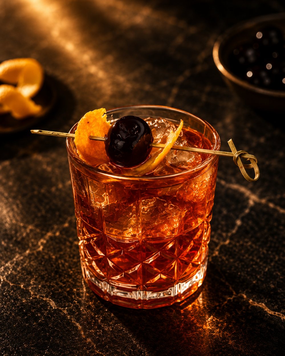 An old fashioned with an orange twist and brandied cherry