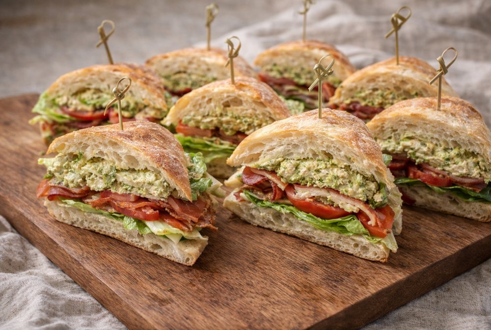 Pesto chicken BLT halves on ciabatta, skewered and arranged on a wood board