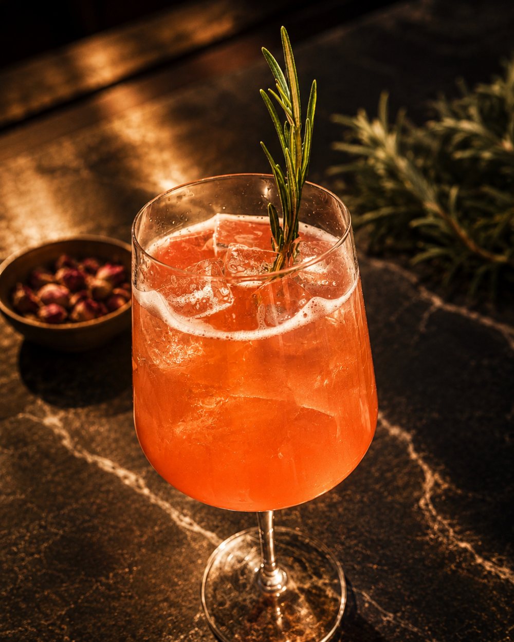 An orange sloe gin spritz in a stemmed glass with a rosemary sprig