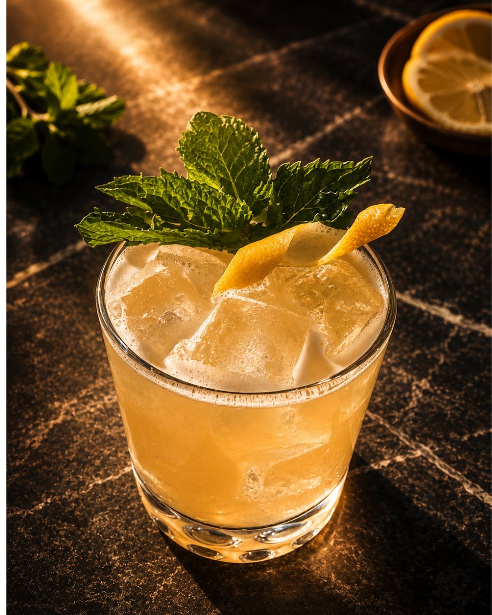 A golden tiki cocktail over ice with mint and a citrus twist